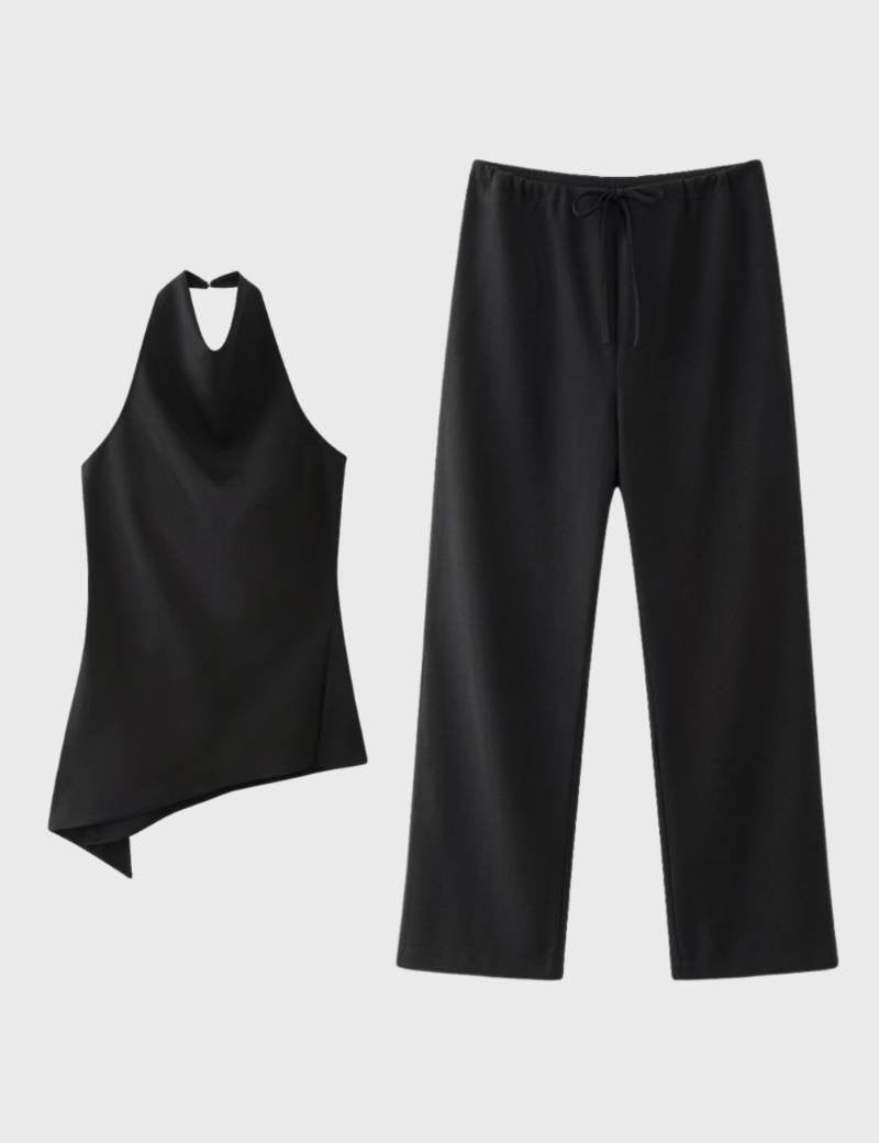 2-Delige Set Dames - Halter Top met Wijde Broek | Asymmetrisch — Zwart