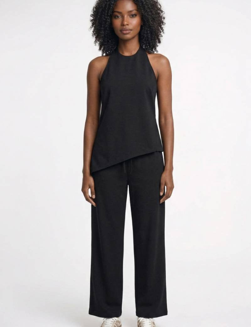 2-Delige Set Dames - Halter Top met Wijde Broek | Asymmetrisch — Zwart