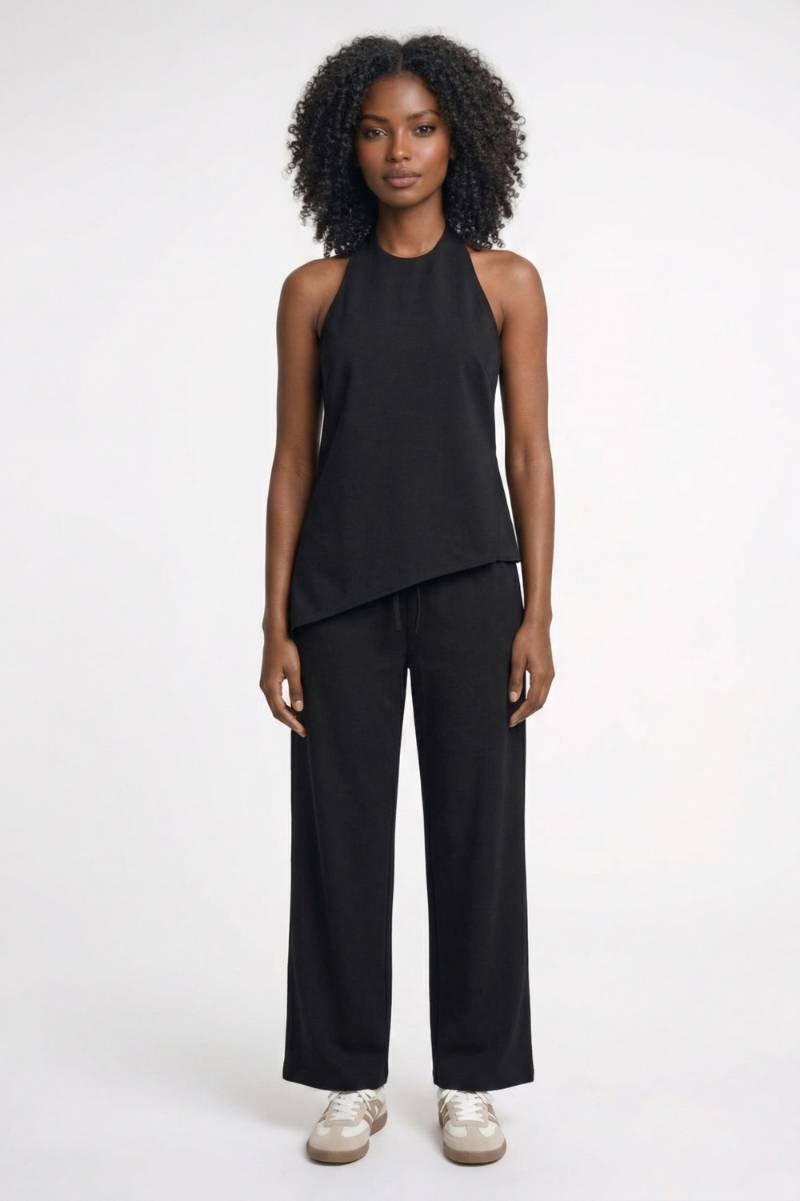 2-Delige Set Dames - Halter Top met Wijde Broek | Asymmetrisch — Zwart