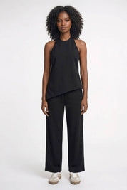 2-Delige Set Dames - Halter Top met Wijde Broek | Asymmetrisch — Zwart
