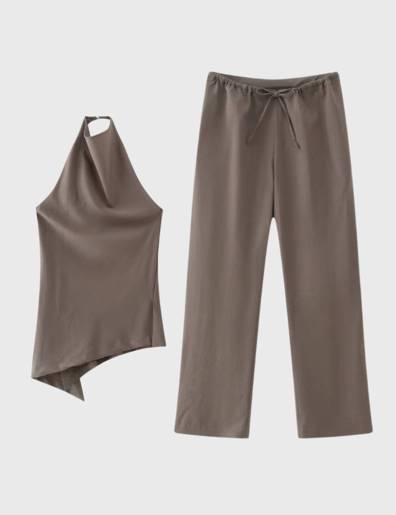 2-Delige Set Dames - Halter Top met Wijde Broek | Asymmetrisch — Taupe