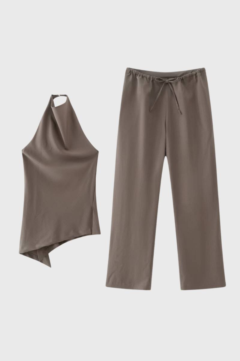 2-Delige Set Dames - Halter Top met Wijde Broek | Asymmetrisch — Taupe