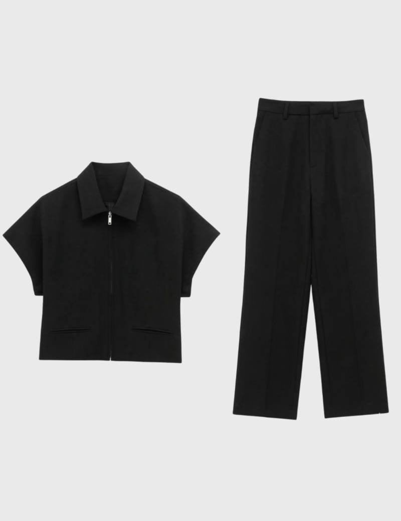 2-Delige Set Dames - Korte Jas met Wijde Broek | Modern — Zwart