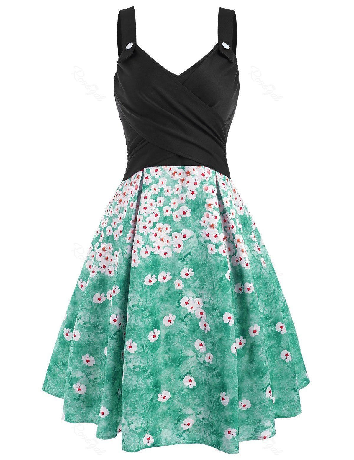 Mock Button Criss Cross Sun Star Flower Print Dress