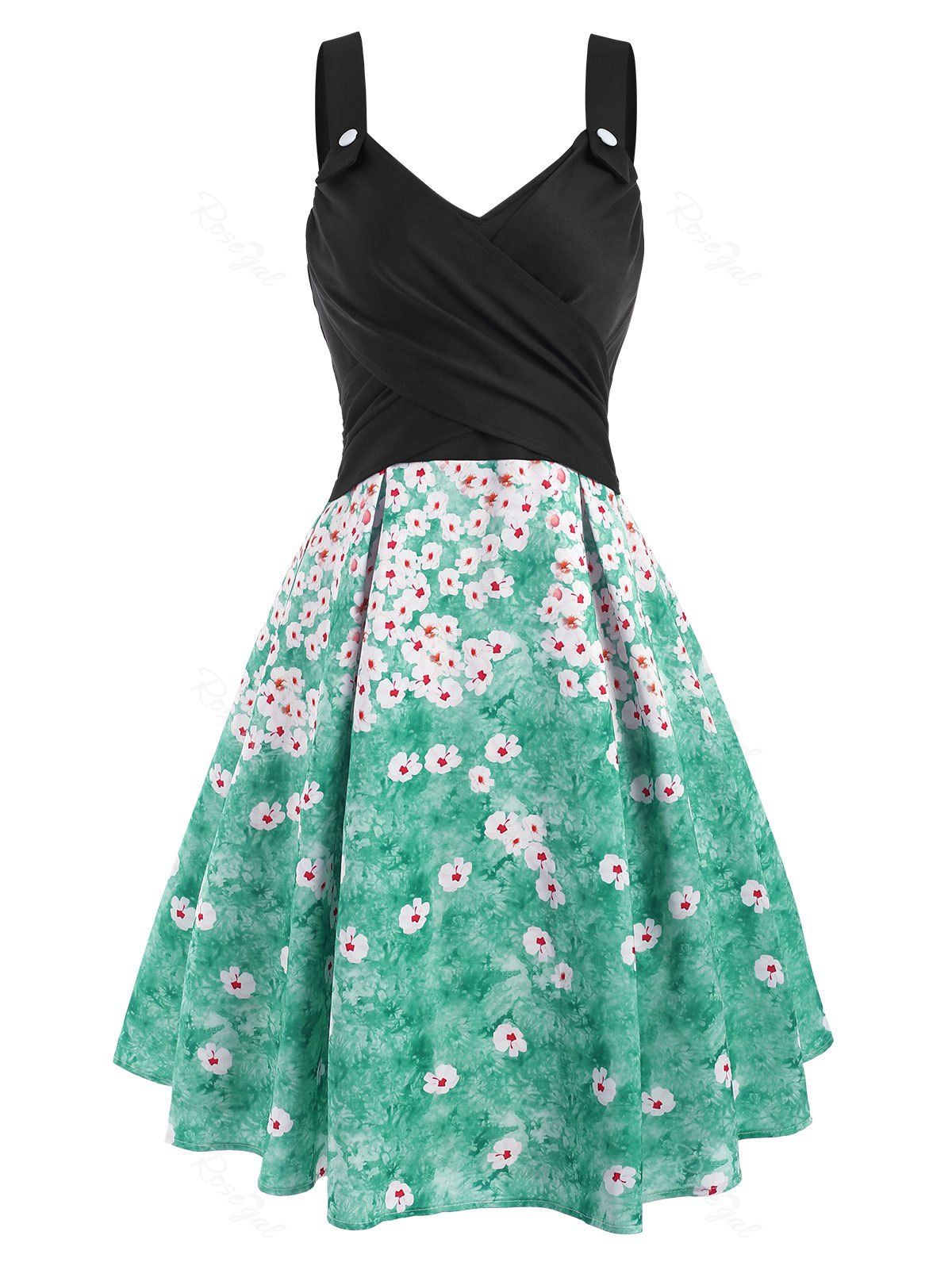 Mock Button Criss Cross Sun Star Flower Print Dress