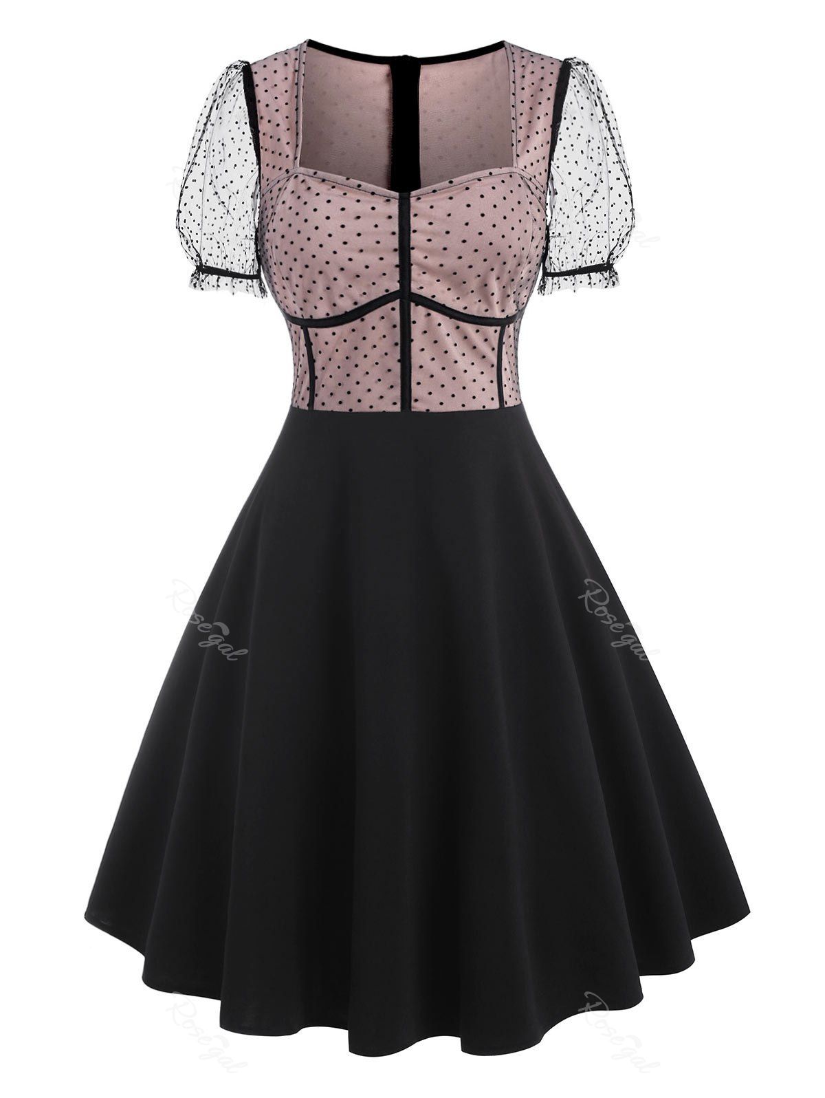 Mesh Insert Polka Dot Puff Sleeve Corset Style Dress