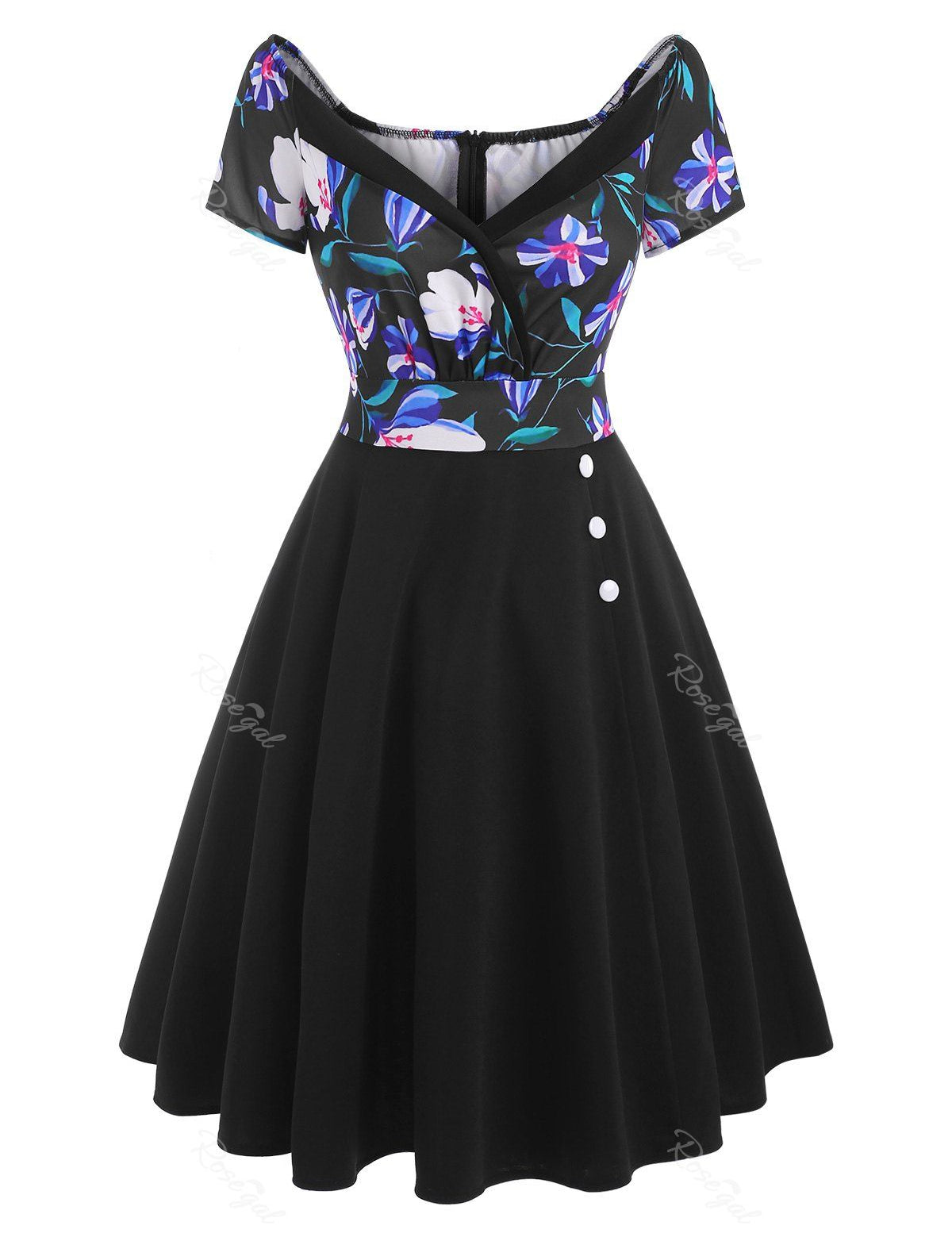 Plunging Plaid Flower Print Mock Button Dress