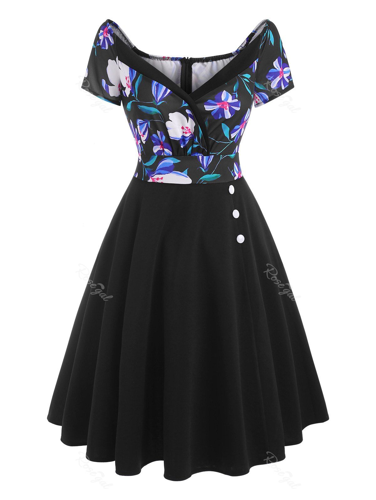 Plunging Plaid Flower Print Mock Button Dress