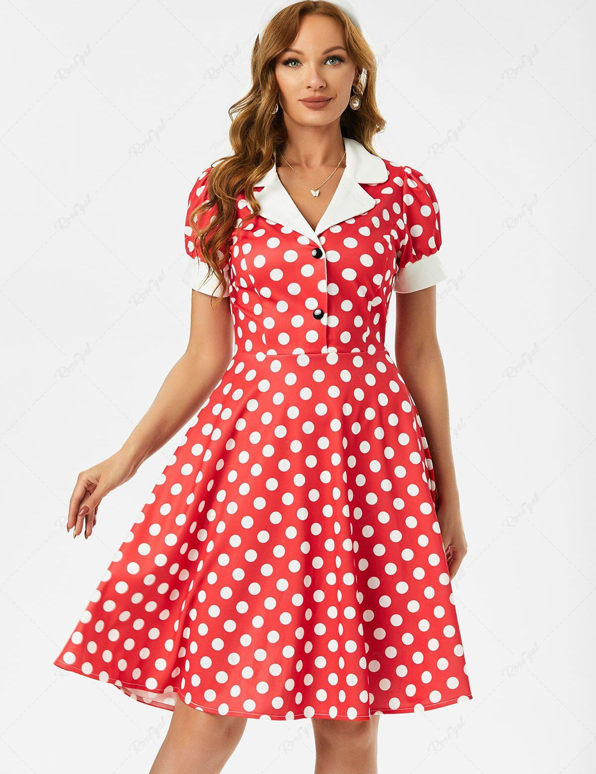 Mock Button Polka Dot Lapel Dress