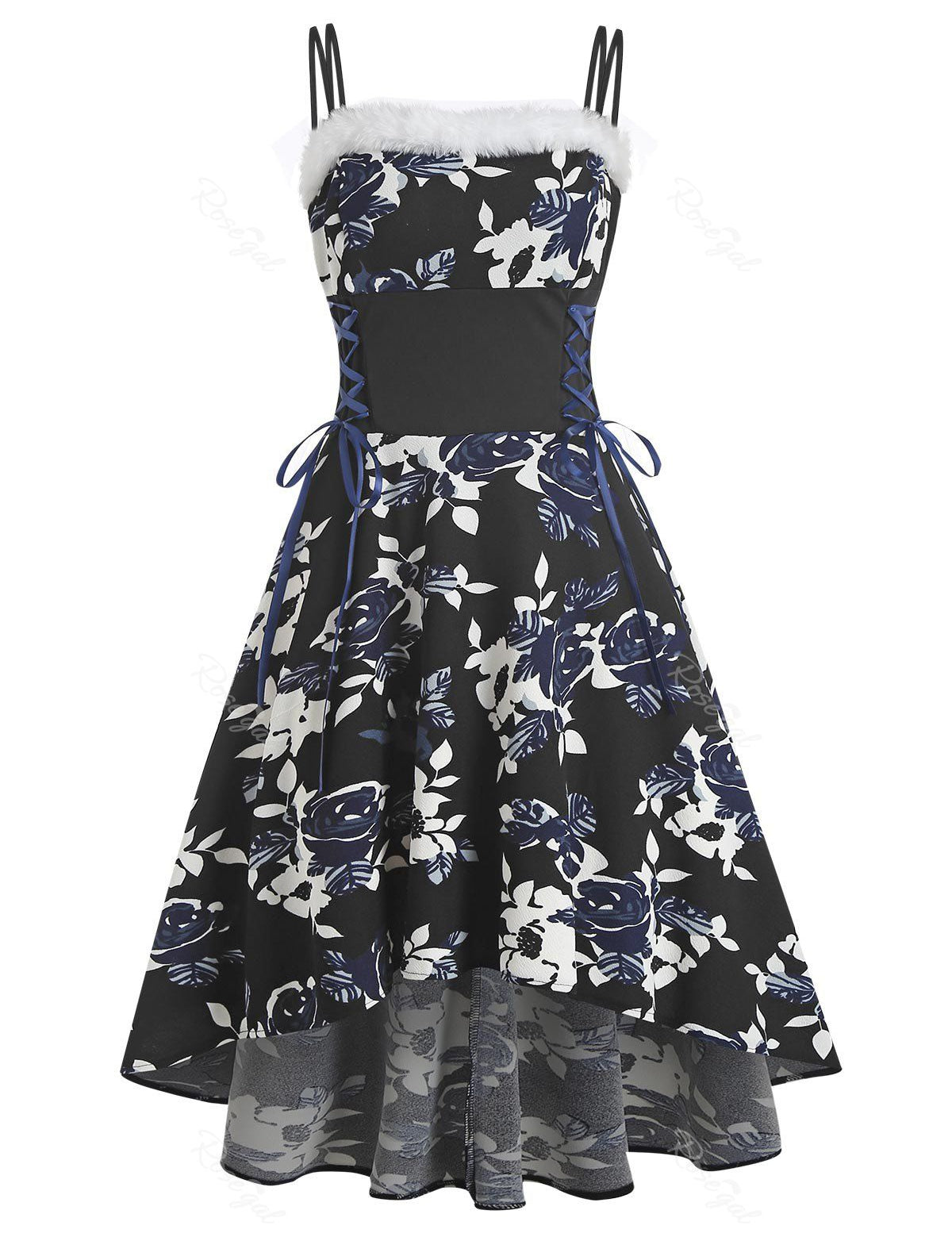 Lace Up Floral Print Faux Fur Insert High Low Dress