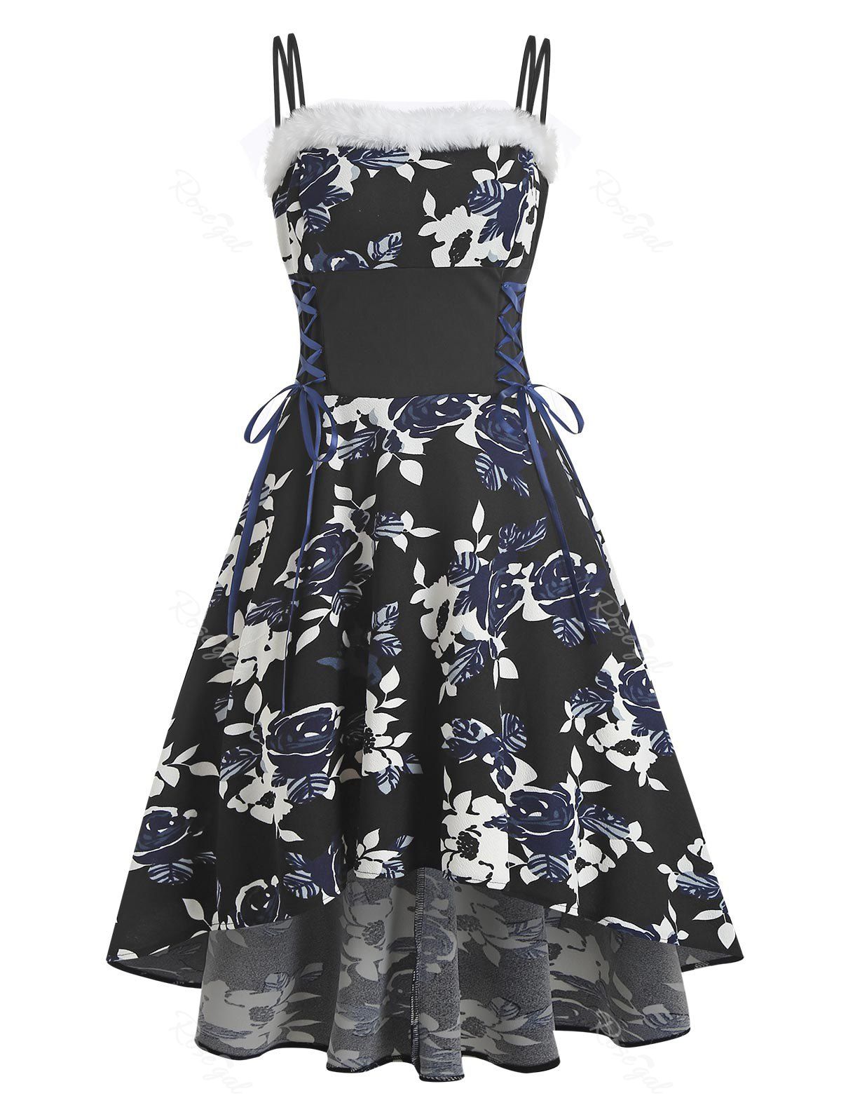 Lace Up Floral Print Faux Fur Insert High Low Dress