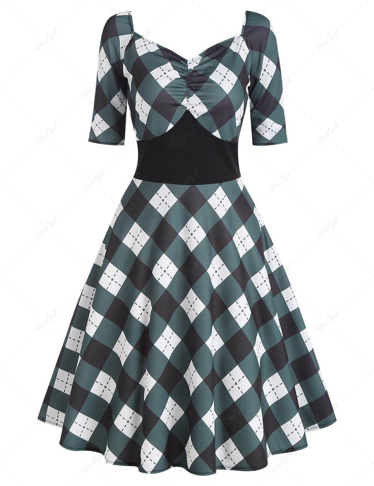 Ruched Plaid Empire Waist Dress