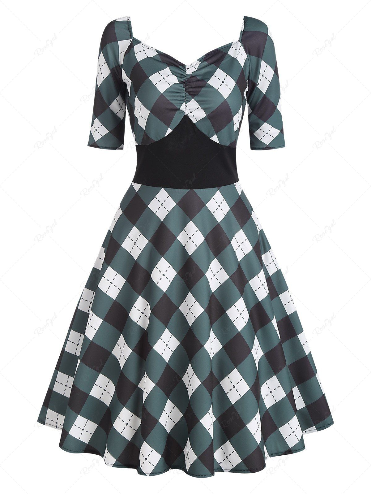 Ruched Plaid Empire Waist Dress