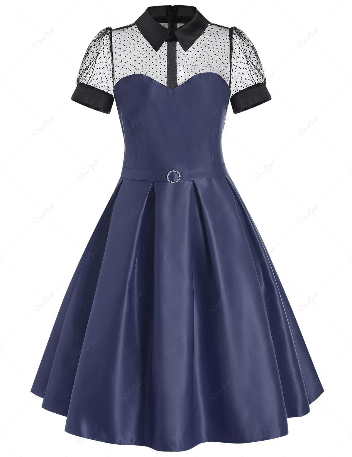 Mesh Panel Belted Prom Dress