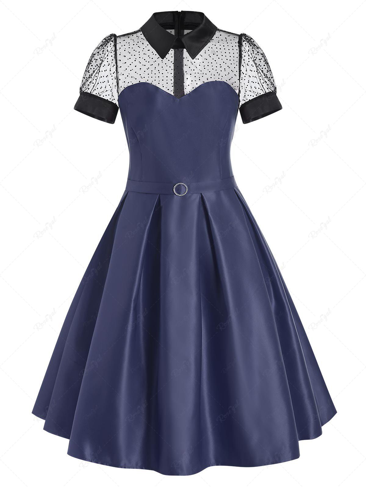 Mesh Panel Belted Prom Dress