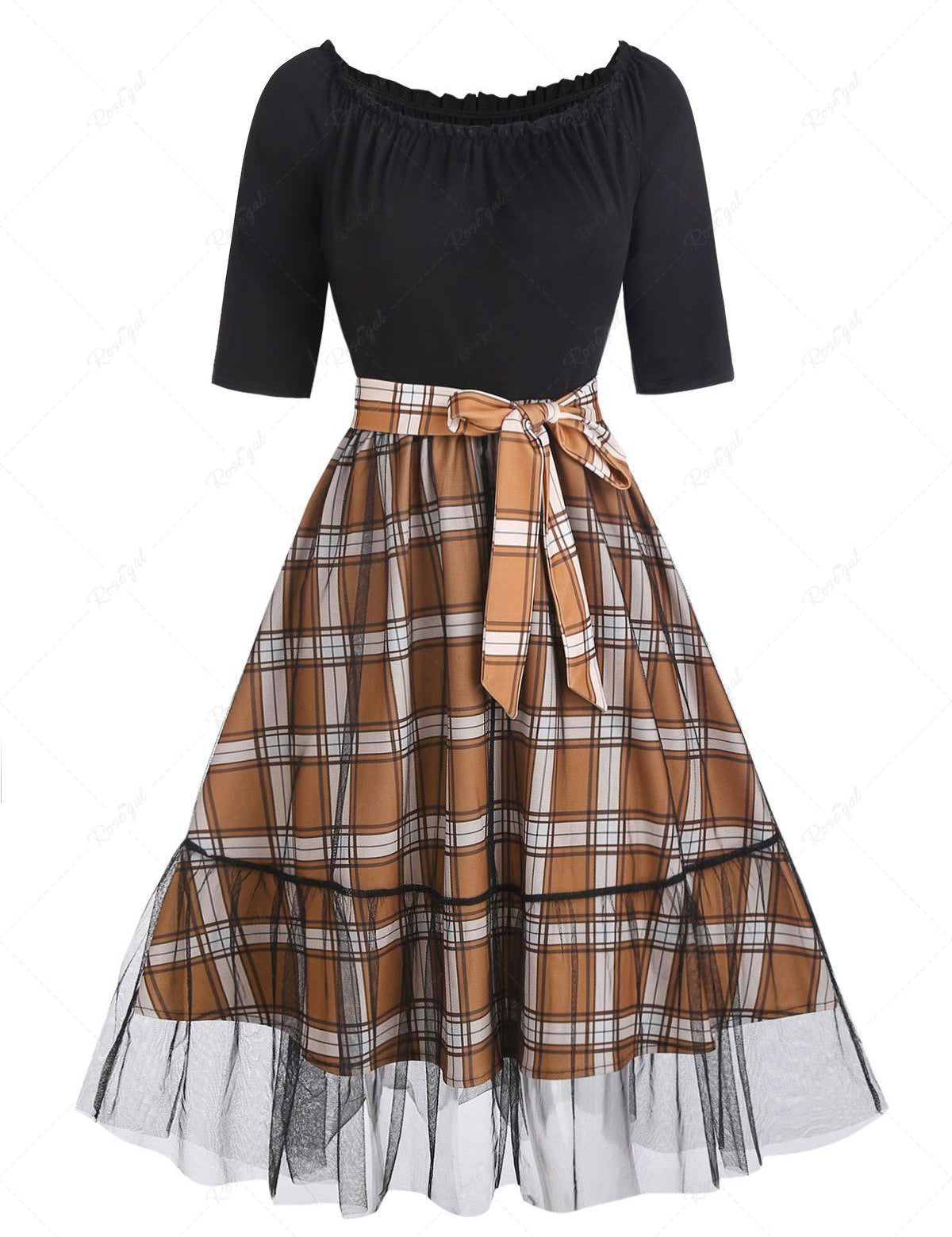 Belted Plaid Lace Overlay Dress