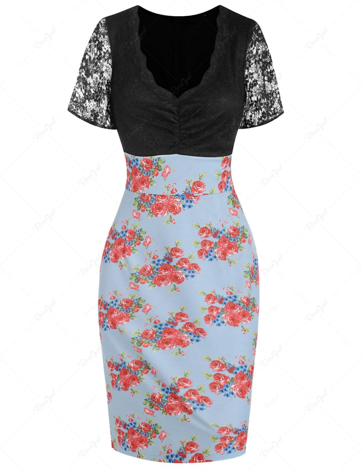 Vintage Straight Lace Insert Floral Print Midi Dress