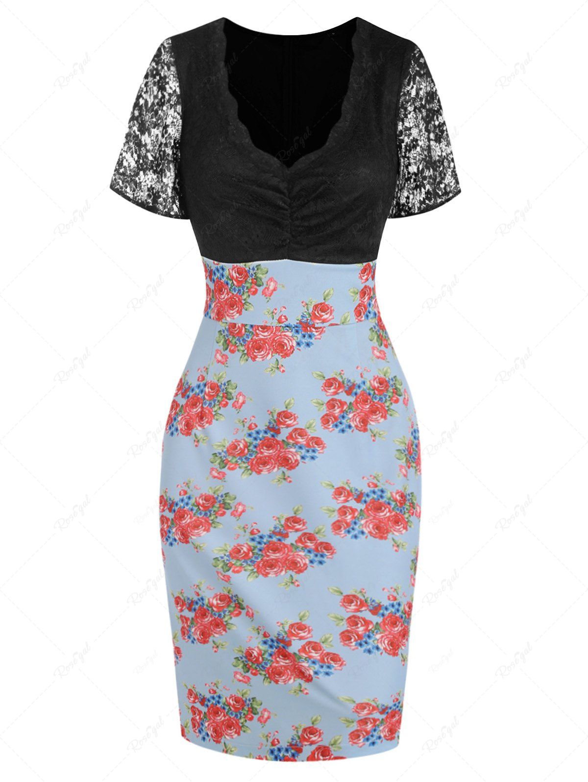 Vintage Straight Lace Insert Floral Print Midi Dress