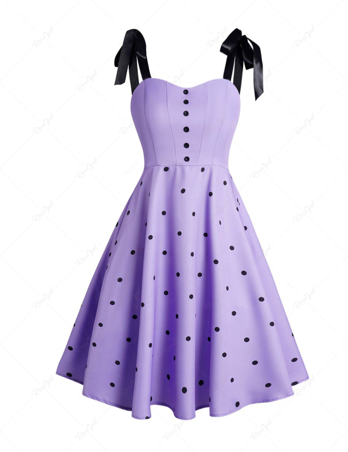 Polka Dots Print Mock Button Tie Knot Shoulder Vintage Dress