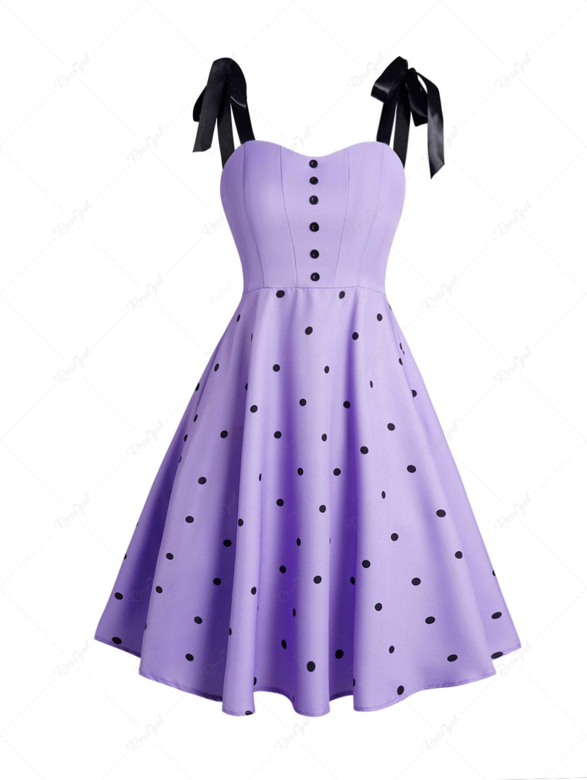 Polka Dots Print Mock Button Tie Knot Shoulder Vintage Dress