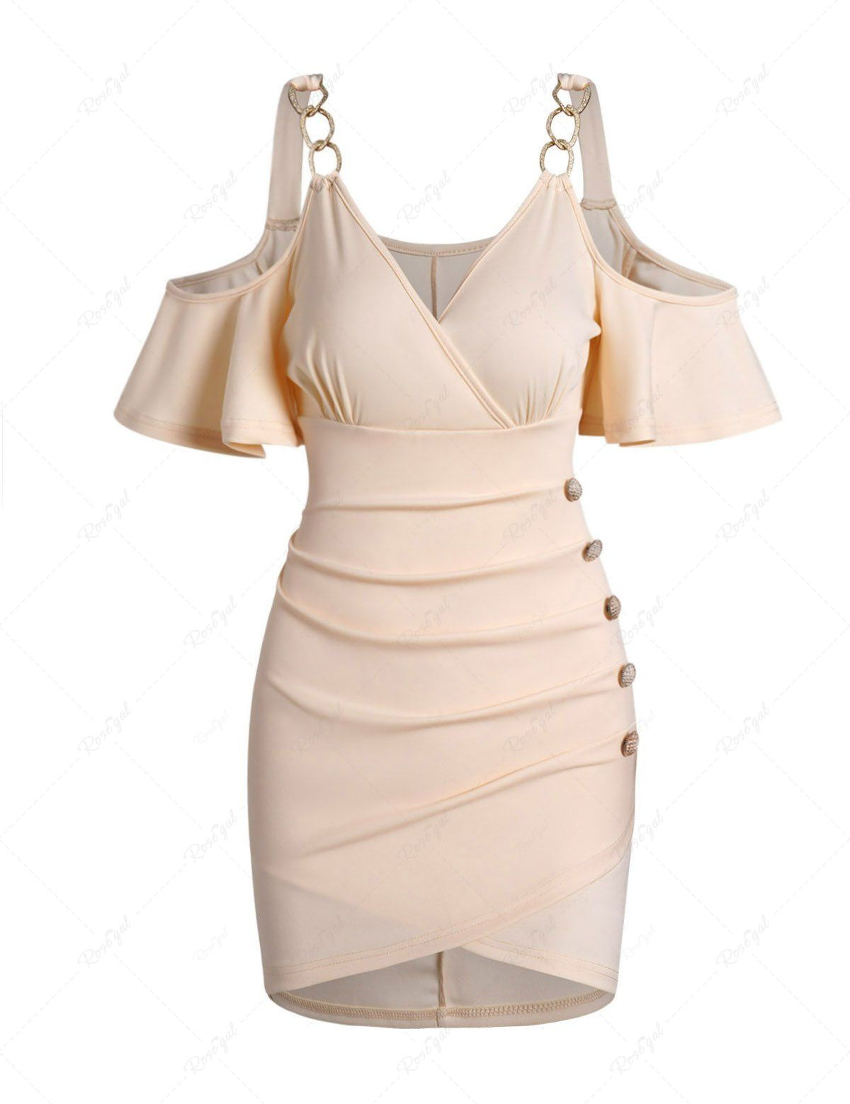 Cold Shoulder Ruched Mock Button Tulip Hem Surplice Plunge Mini Dress