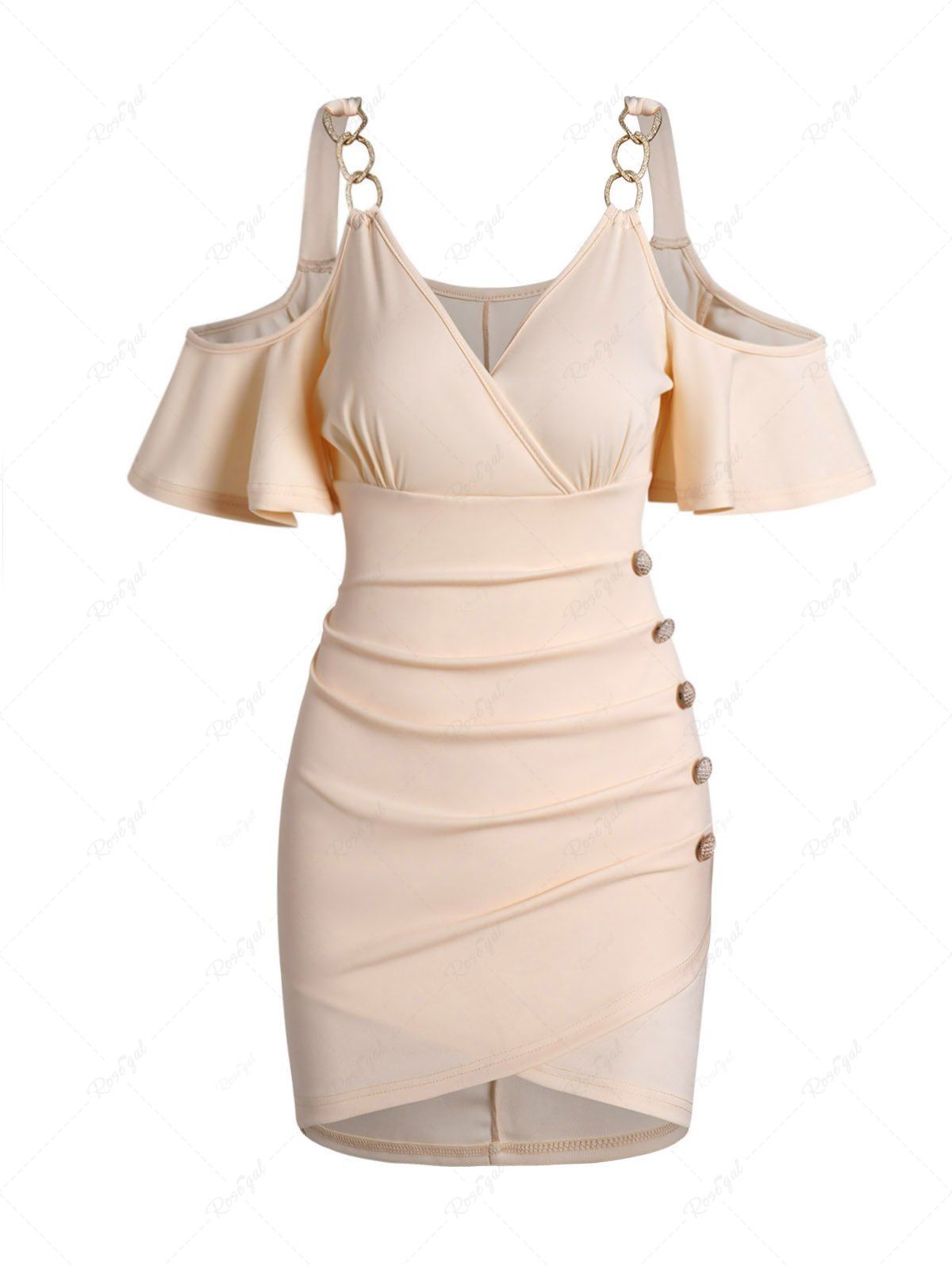 Cold Shoulder Ruched Mock Button Tulip Hem Surplice Plunge Mini Dress