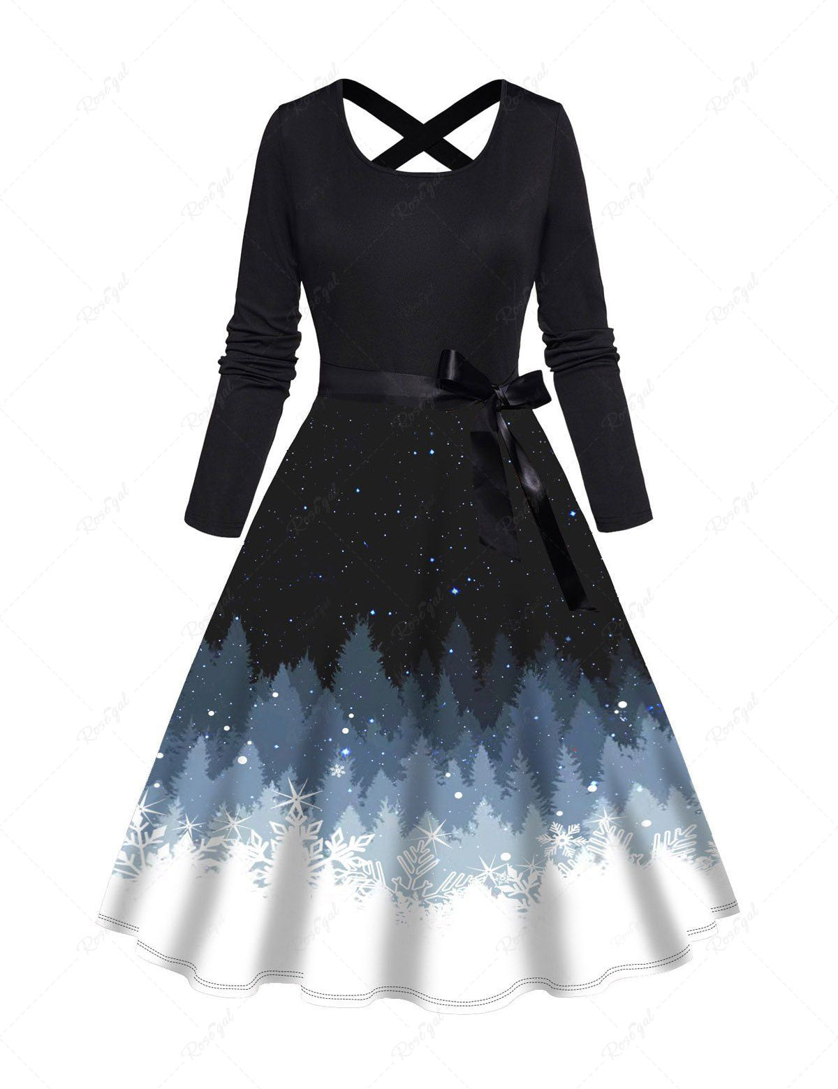 Christmas Tree Galaxy Print Crisscross Bowknot Belted Long Sleeve Dress