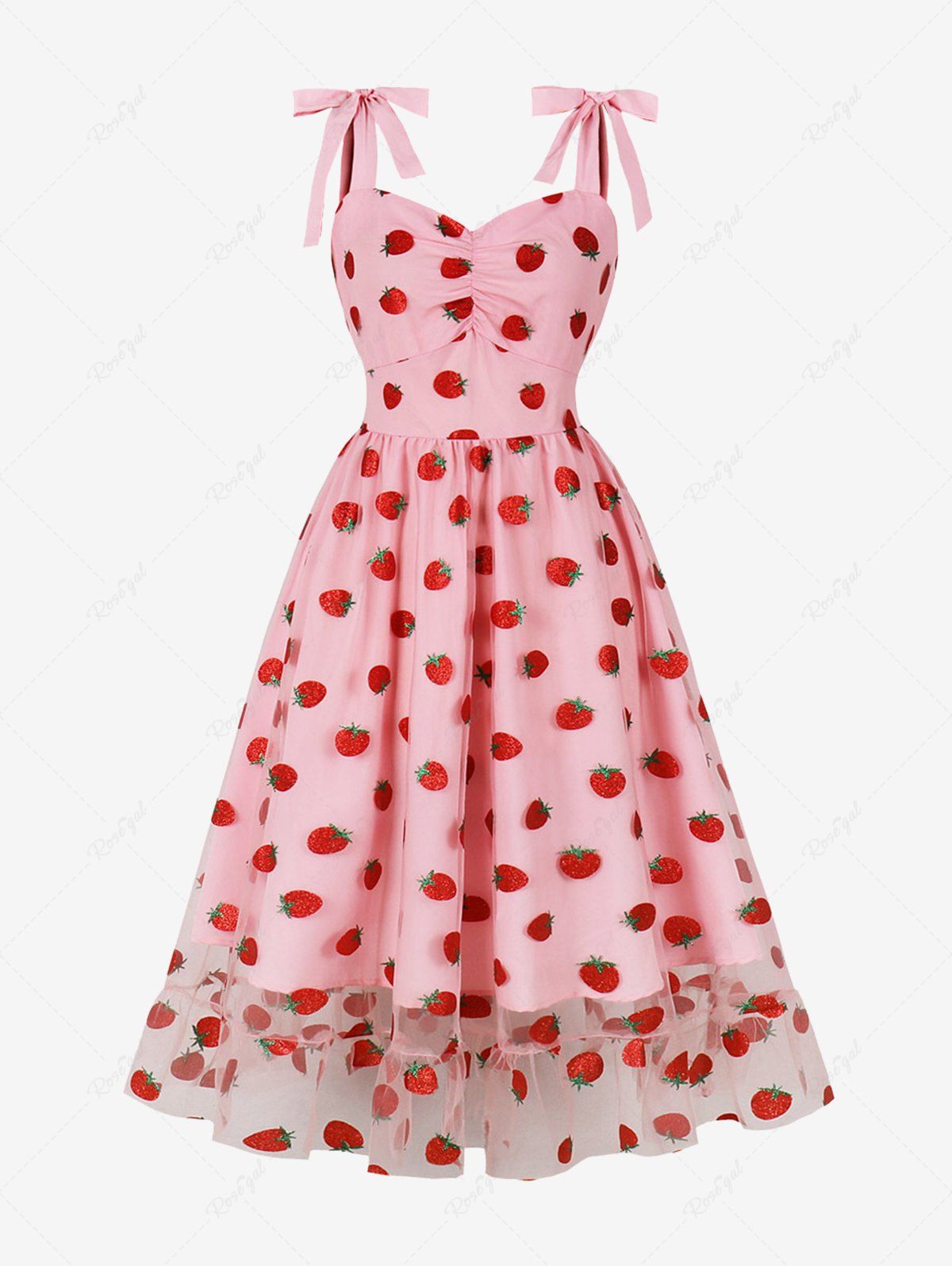 Strawberry Print Ruffles Trim Ruched Panel Tie Strap Vintage Dress