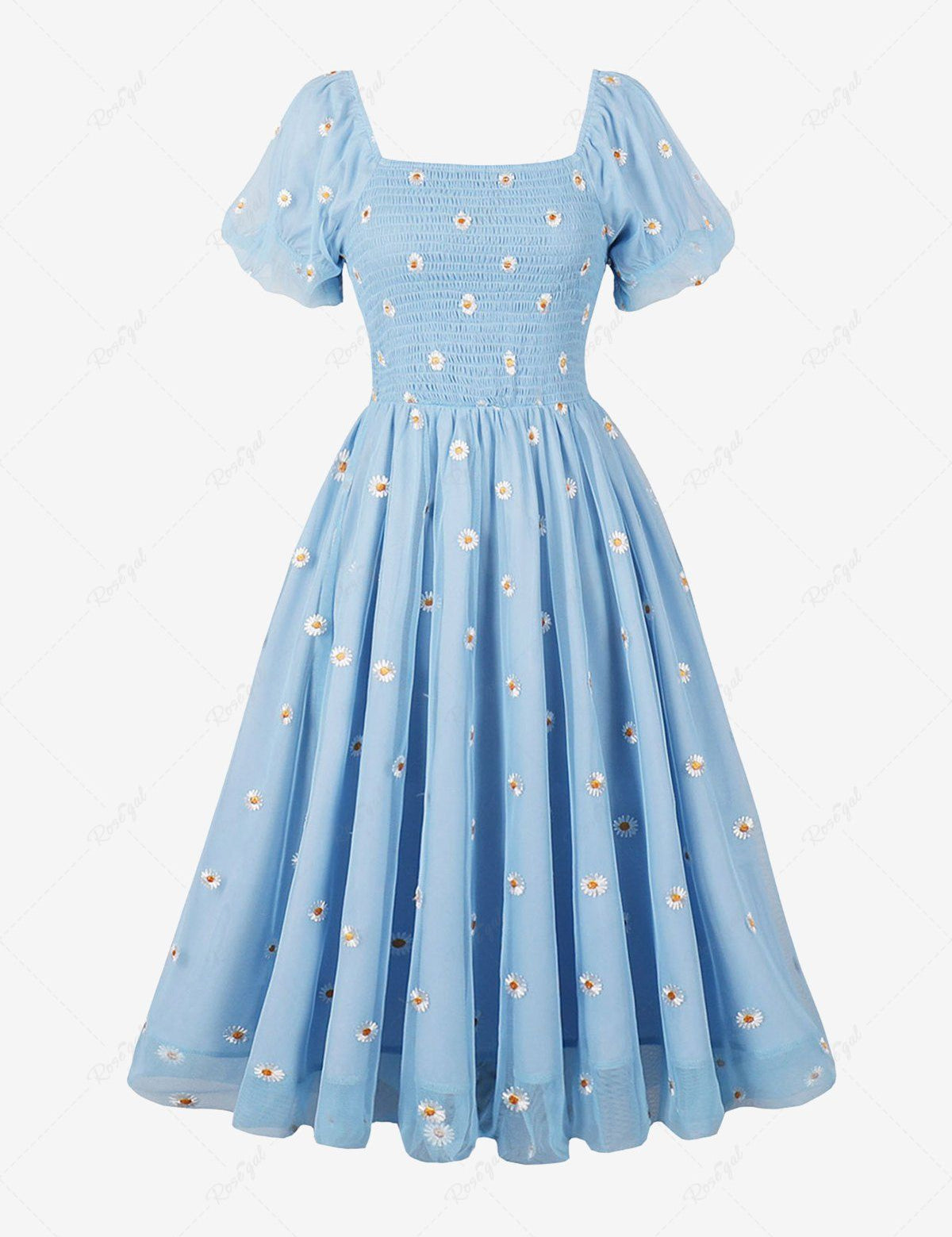 Ruched Panel Daisy Flower Embroidery Mesh Layered Vintage Dress