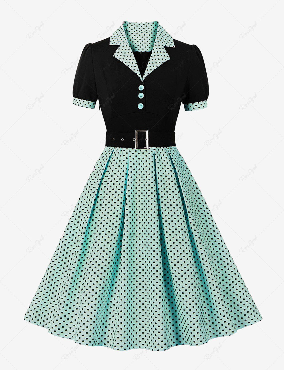 Polka Dot Print Turn-down Collar Buttons Buckle Belt Vintage Dress