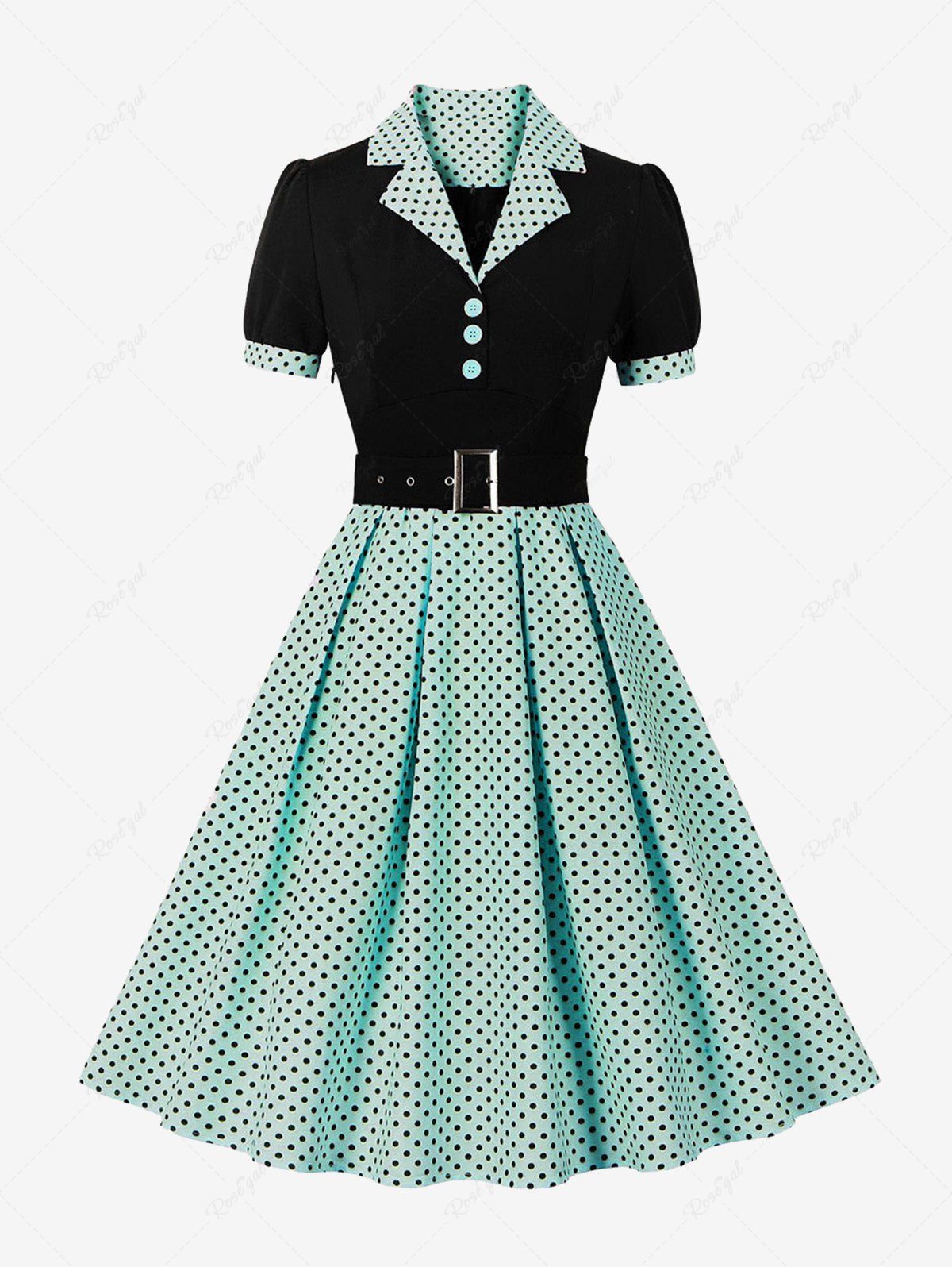 Polka Dot Print Turn-down Collar Buttons Buckle Belt Vintage Dress