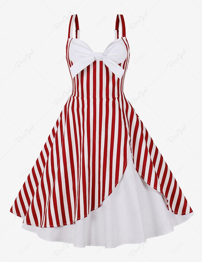 Flowers Leaf Print Tulip Hem Layered Bowknot Panel Tank Vintage Dress