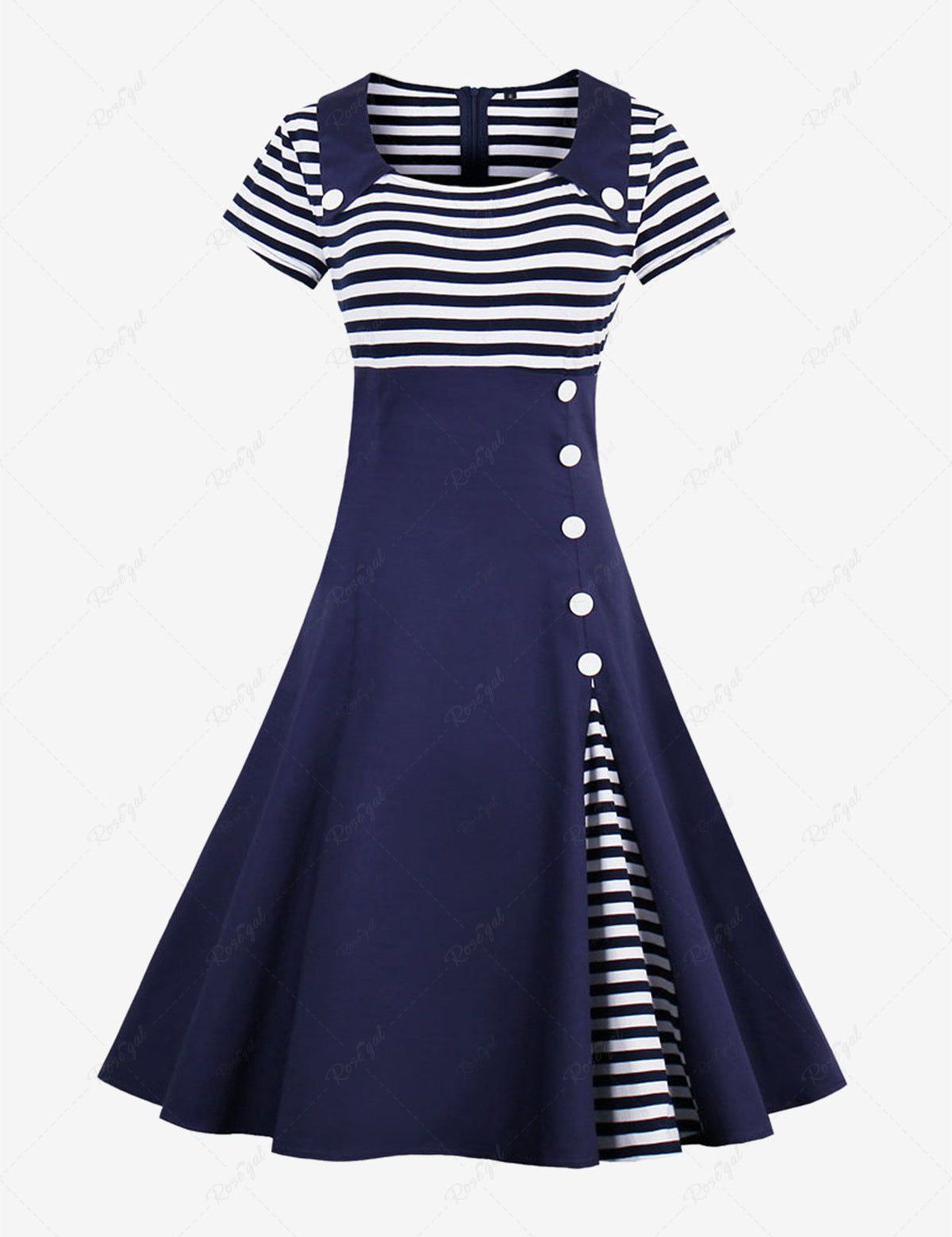 Stripe Print Patchwork Buttons Zipper Square Collar Vintage Dress