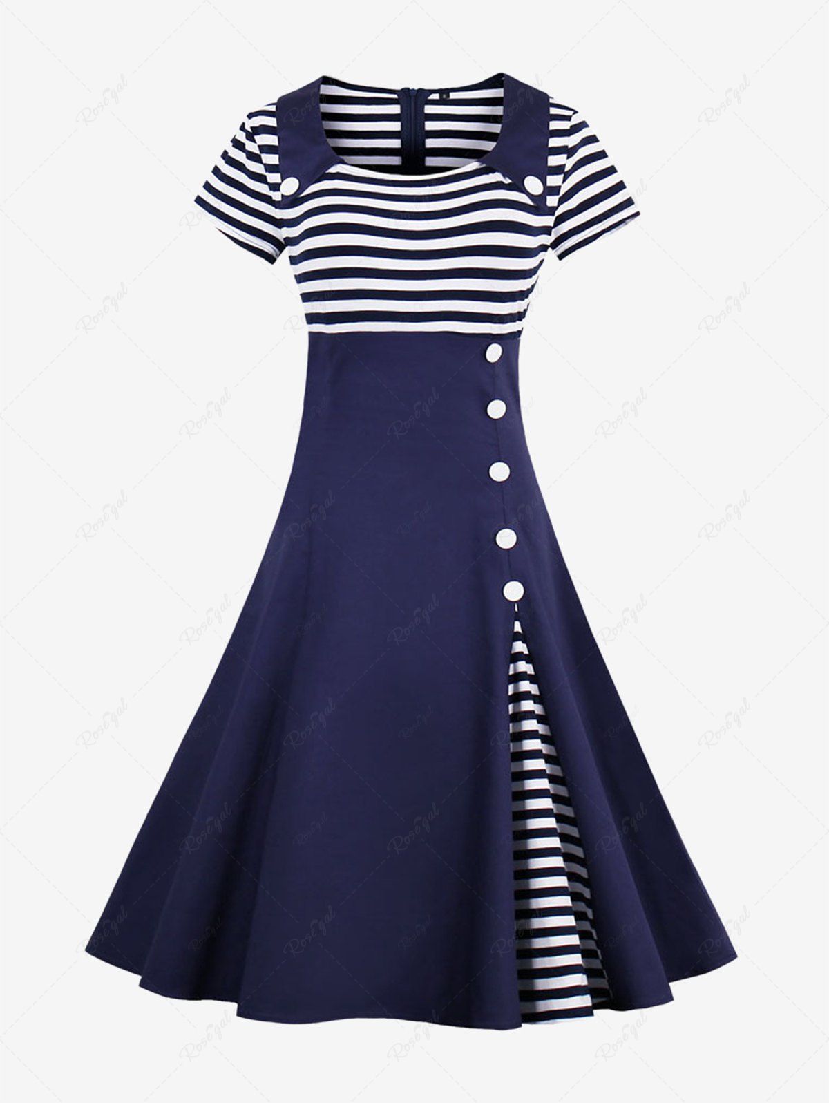 Stripe Print Patchwork Buttons Zipper Square Collar Vintage Dress