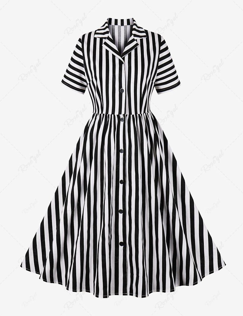 Stripes Print Button Down Shirt Collar Vintage Dress