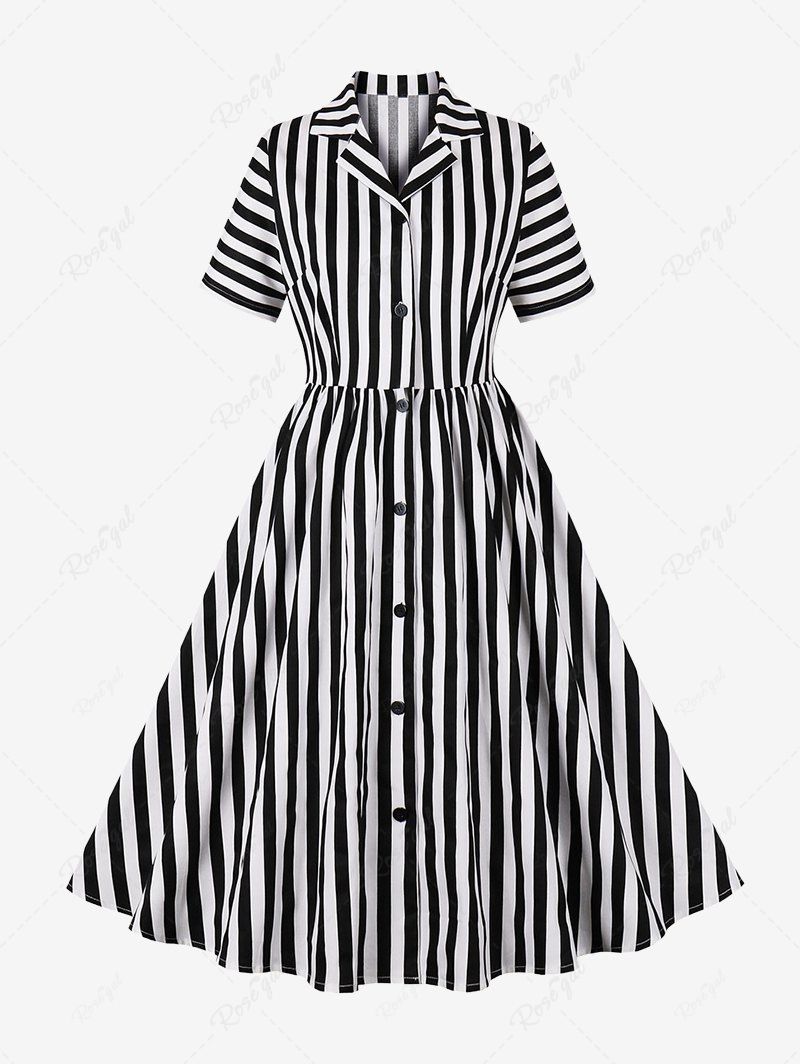 Stripes Print Button Down Shirt Collar Vintage Dress