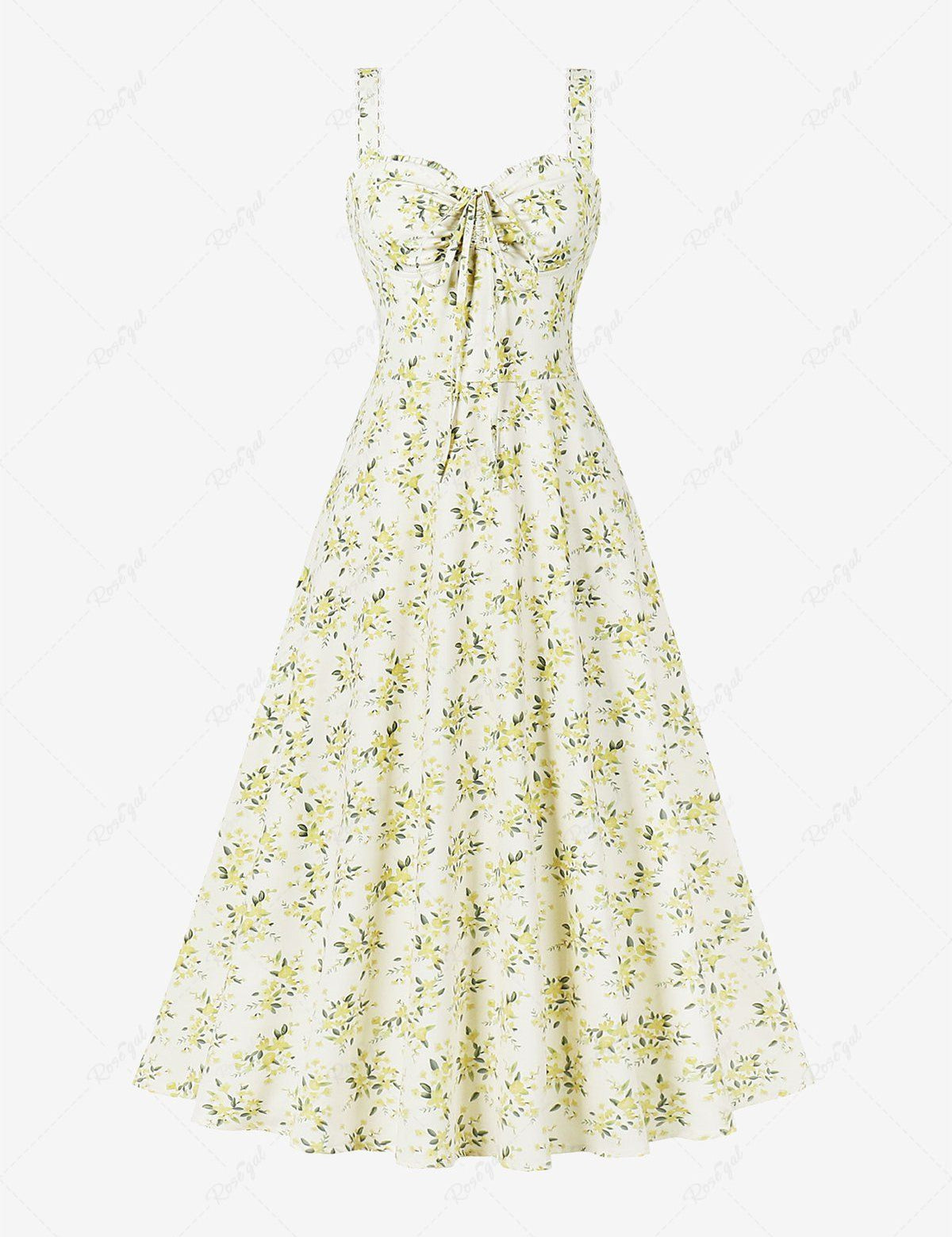 Flower Leaf Print Cinched Ruched Bowknot Lace Trim Tank Vintage Dress