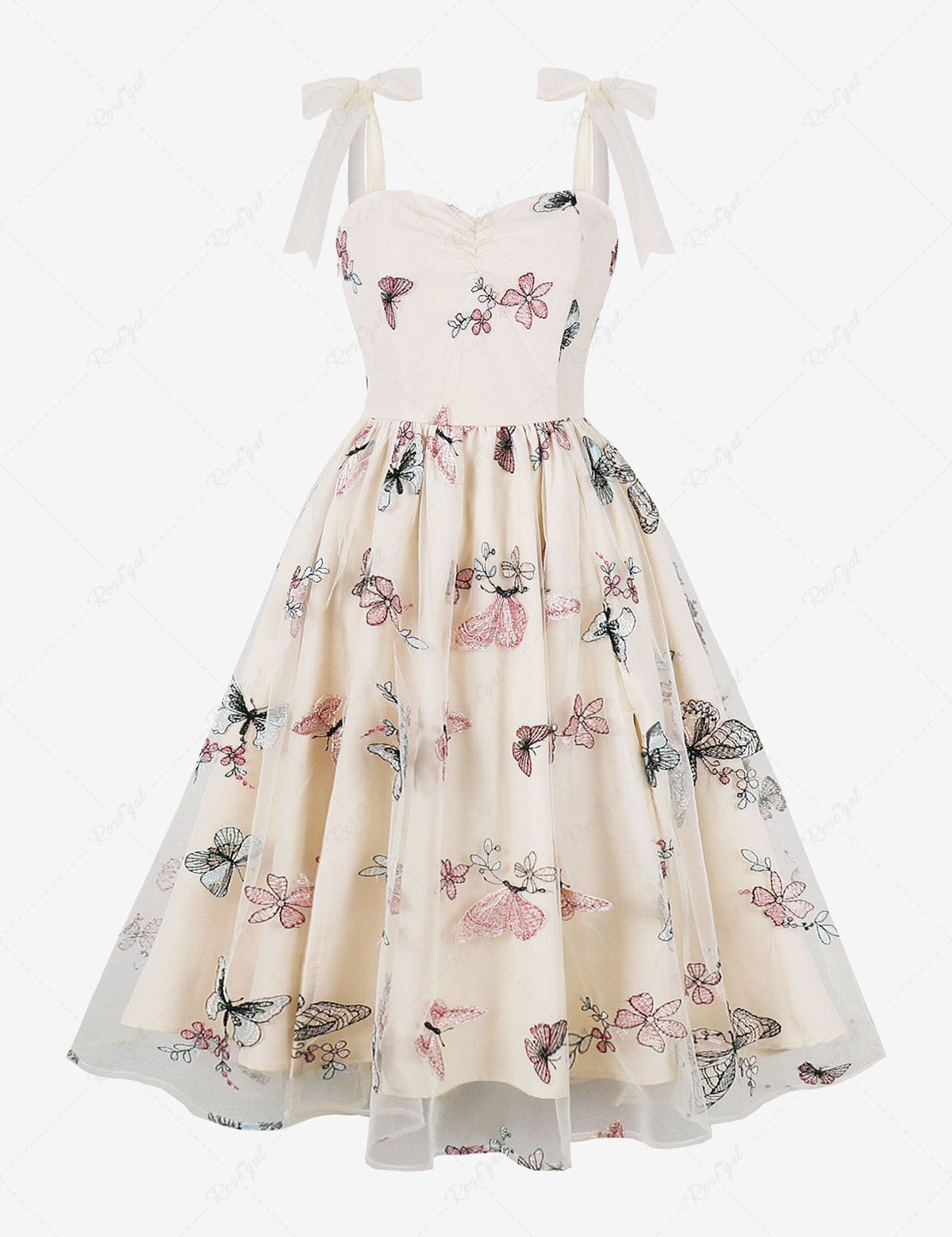 Butterfly Flower Embroidery Mesh Zipper Tie Bowknot Tank Vintage Dress
