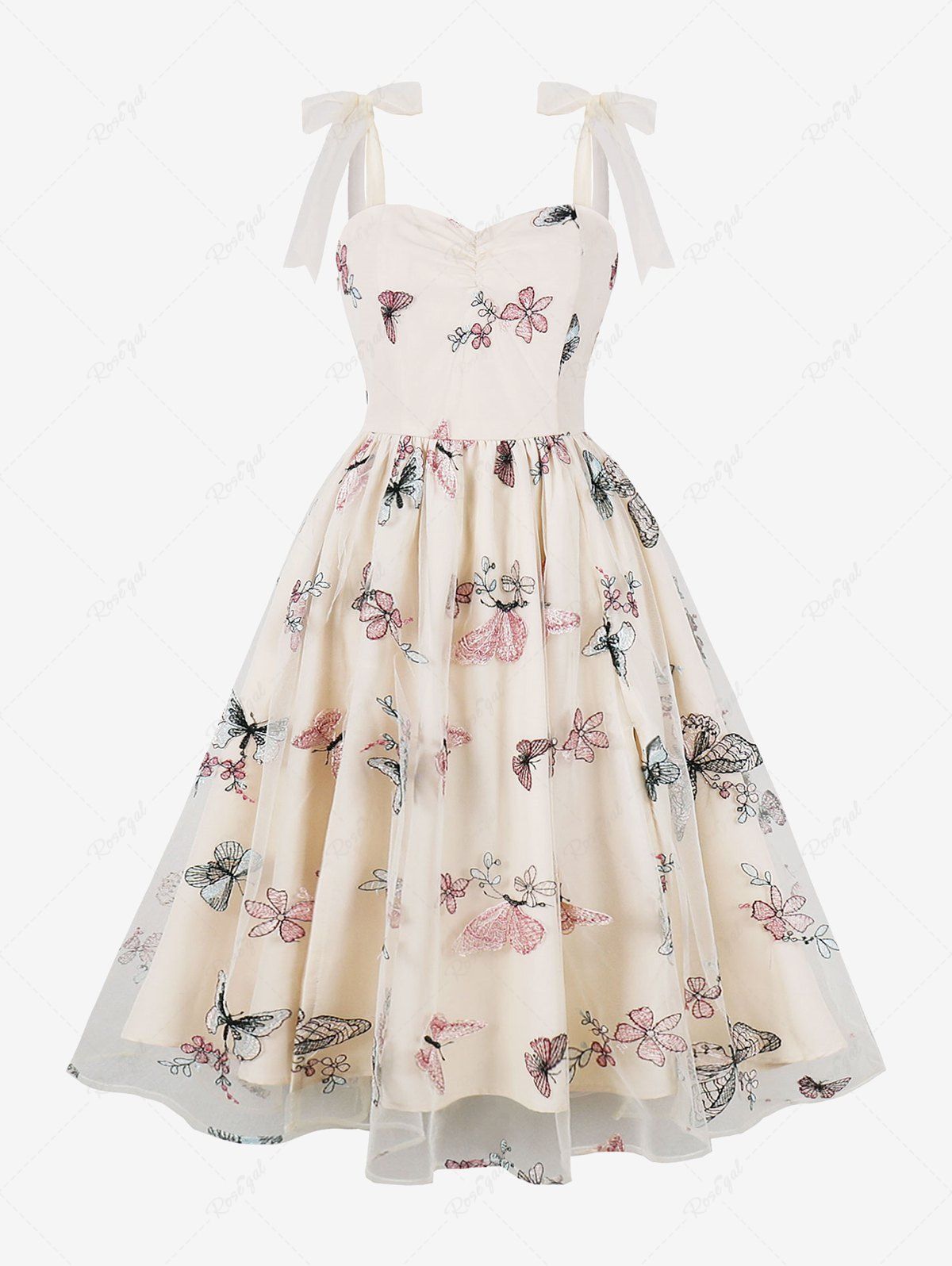 Butterfly Flower Embroidery Mesh Zipper Tie Bowknot Tank Vintage Dress