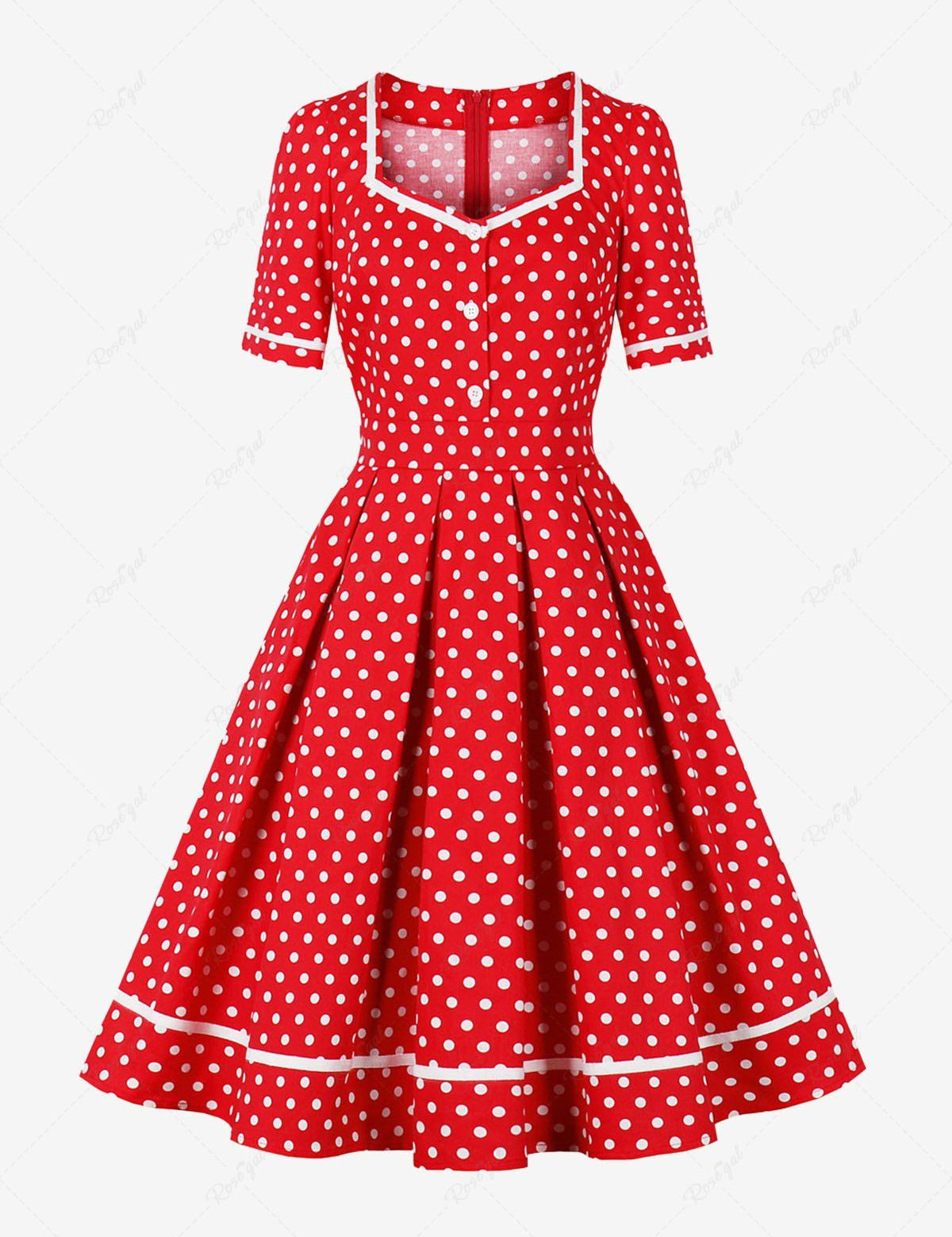 Polka Dot Print Buttons Zipper Back Pleated Vintage Dress