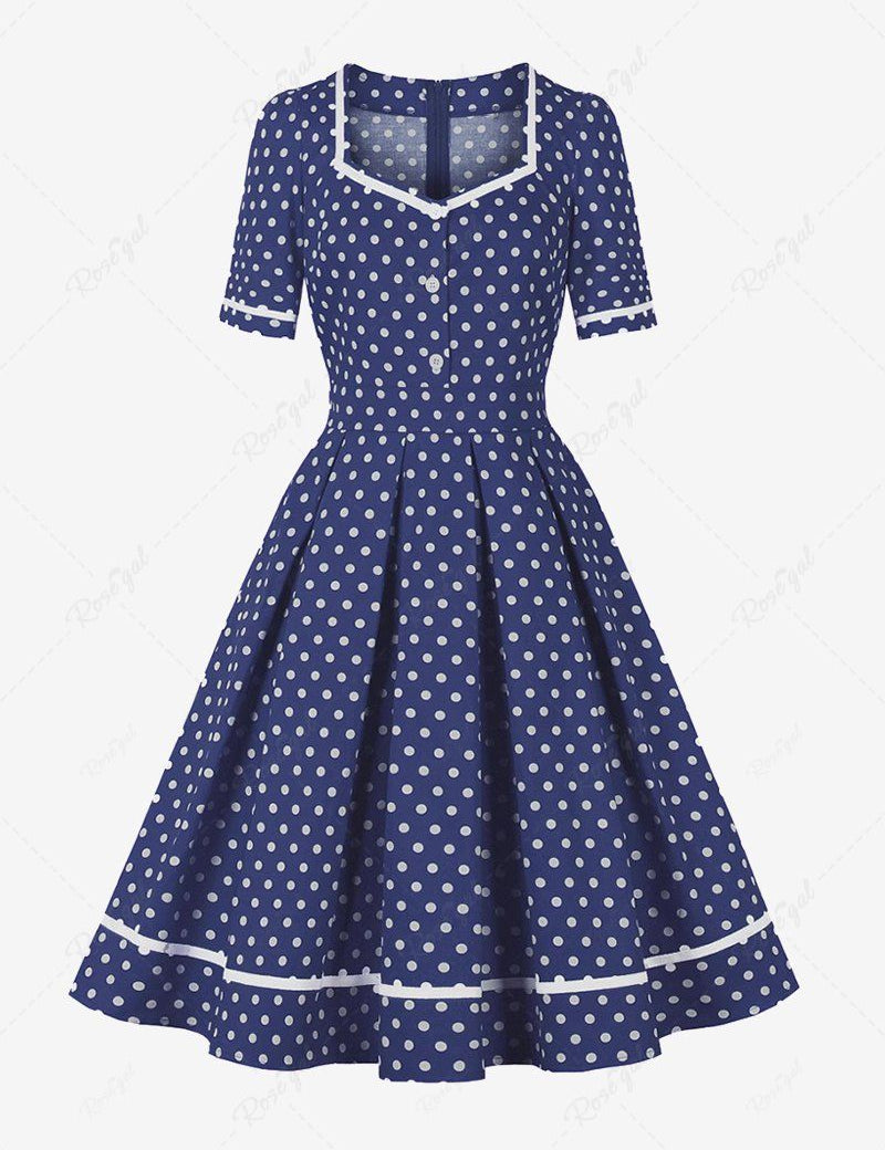 Polka Dots Print Buttons Square Neck Zipper Vintage Dress