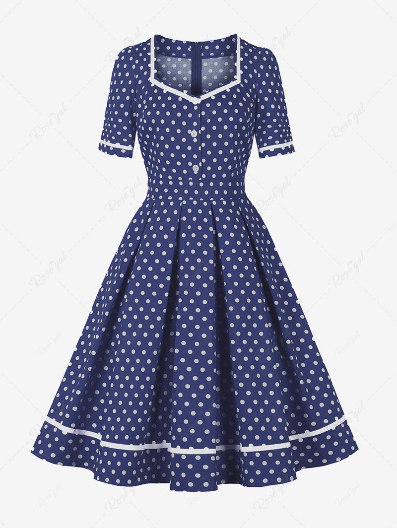 Polka Dots Print Buttons Square Neck Zipper Vintage Dress