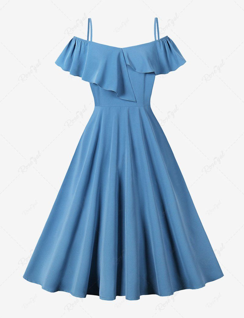 Solid Color Asymmetrical Turn Down Collar Zipper Cold Shoulder Vintage Dress