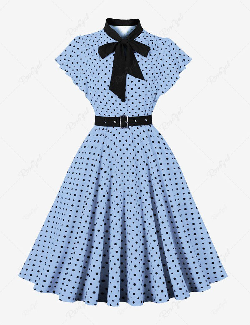 Polka Dot Print Buttons Tie Bowknot Flatter Sleeves Vintage Dress With Belt