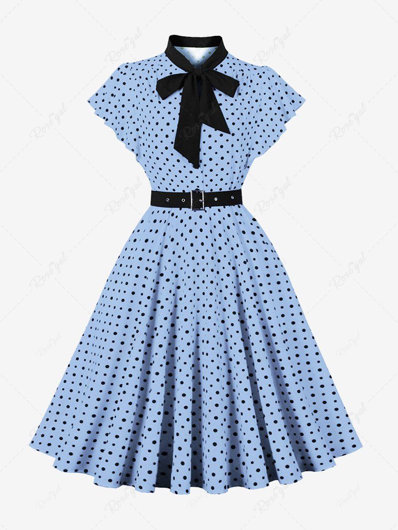 Polka Dot Print Buttons Tie Bowknot Flatter Sleeves Vintage Dress With Belt