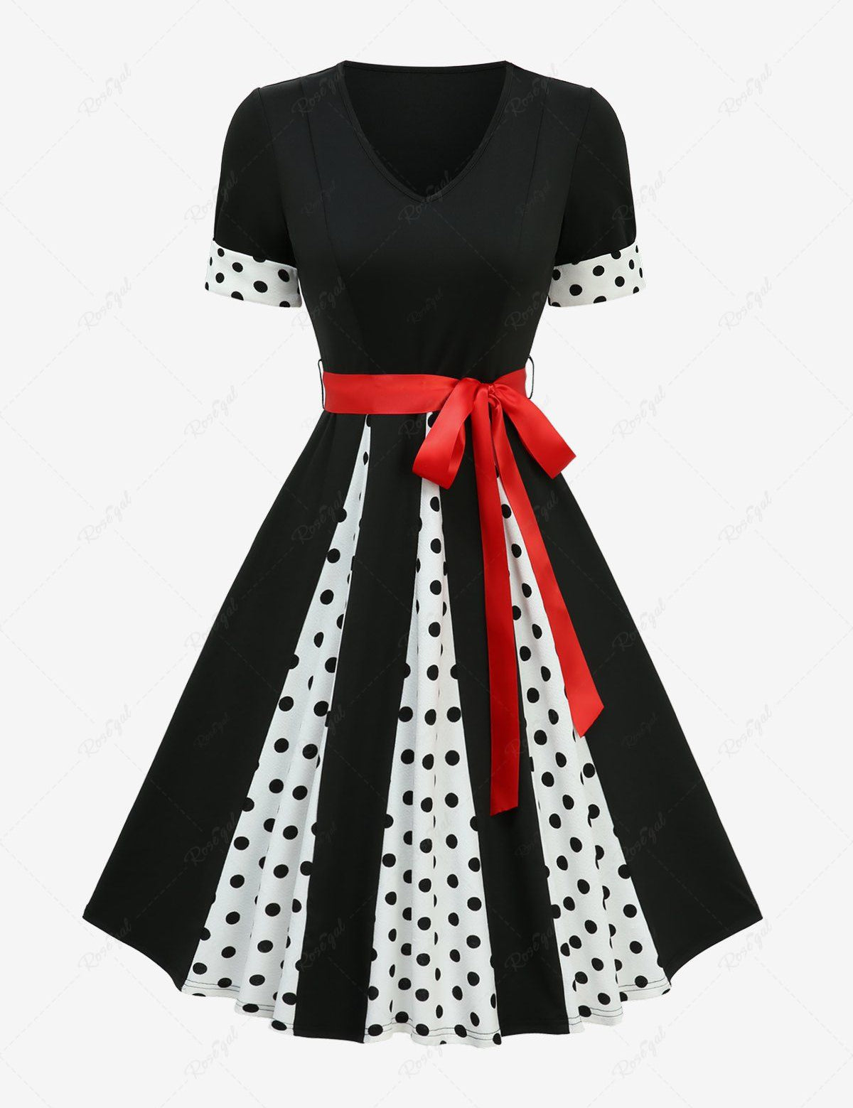 Polka Dot Printed Patchwork Vintage A Line Dress with Removable Tied Belt