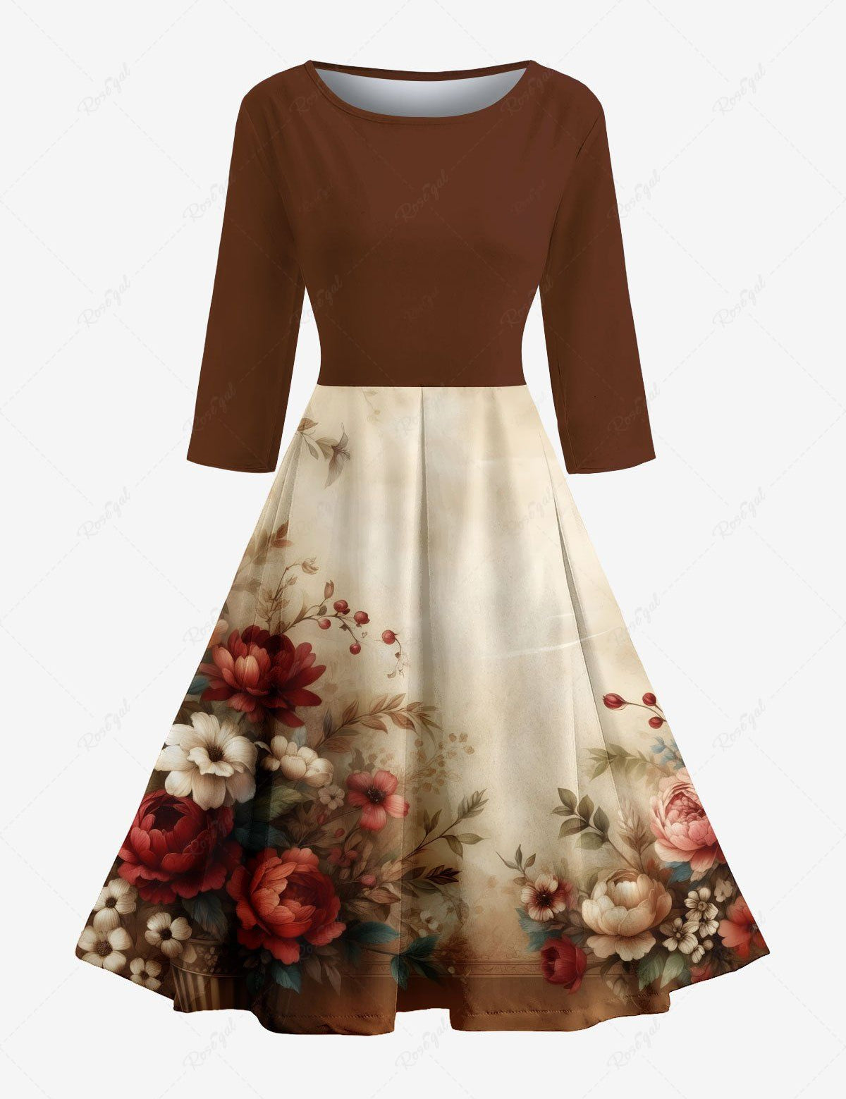 Flower Leaf Branch Print Hawaii Ombre 50's Vintage A Line Dress