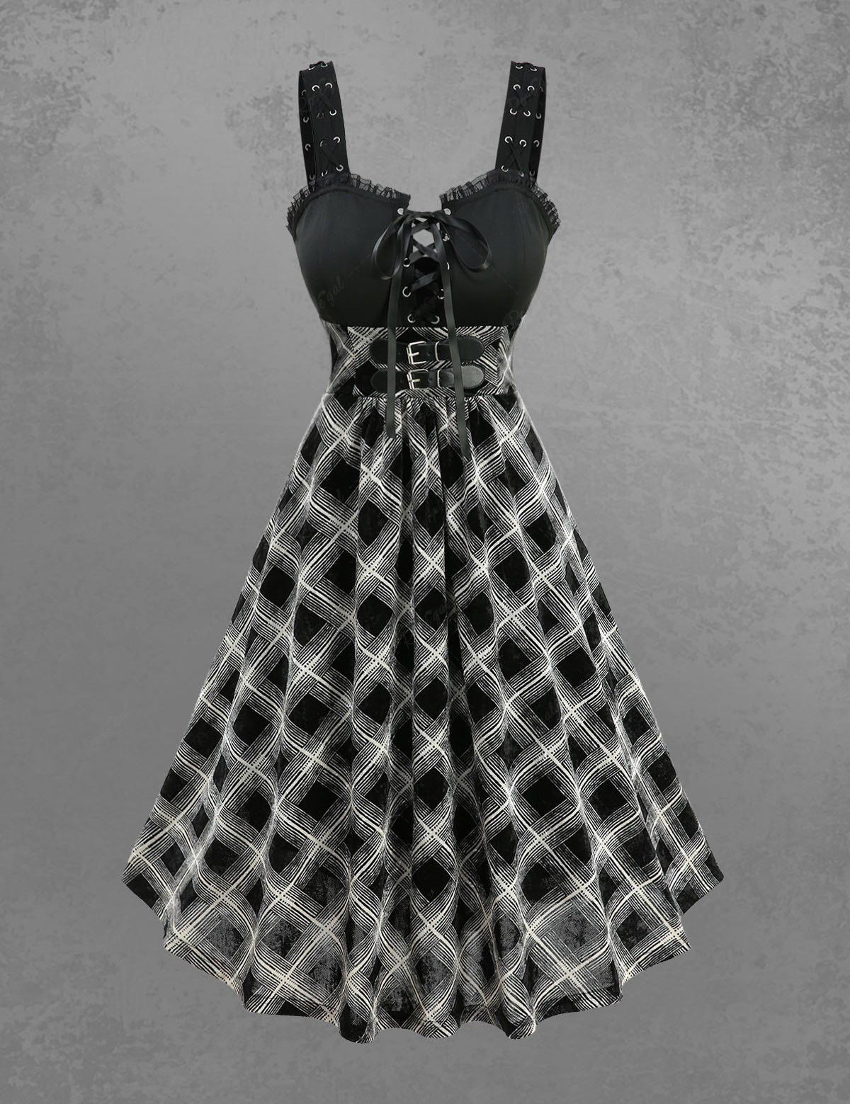 Plaid Printed Lace Up A Line Dress