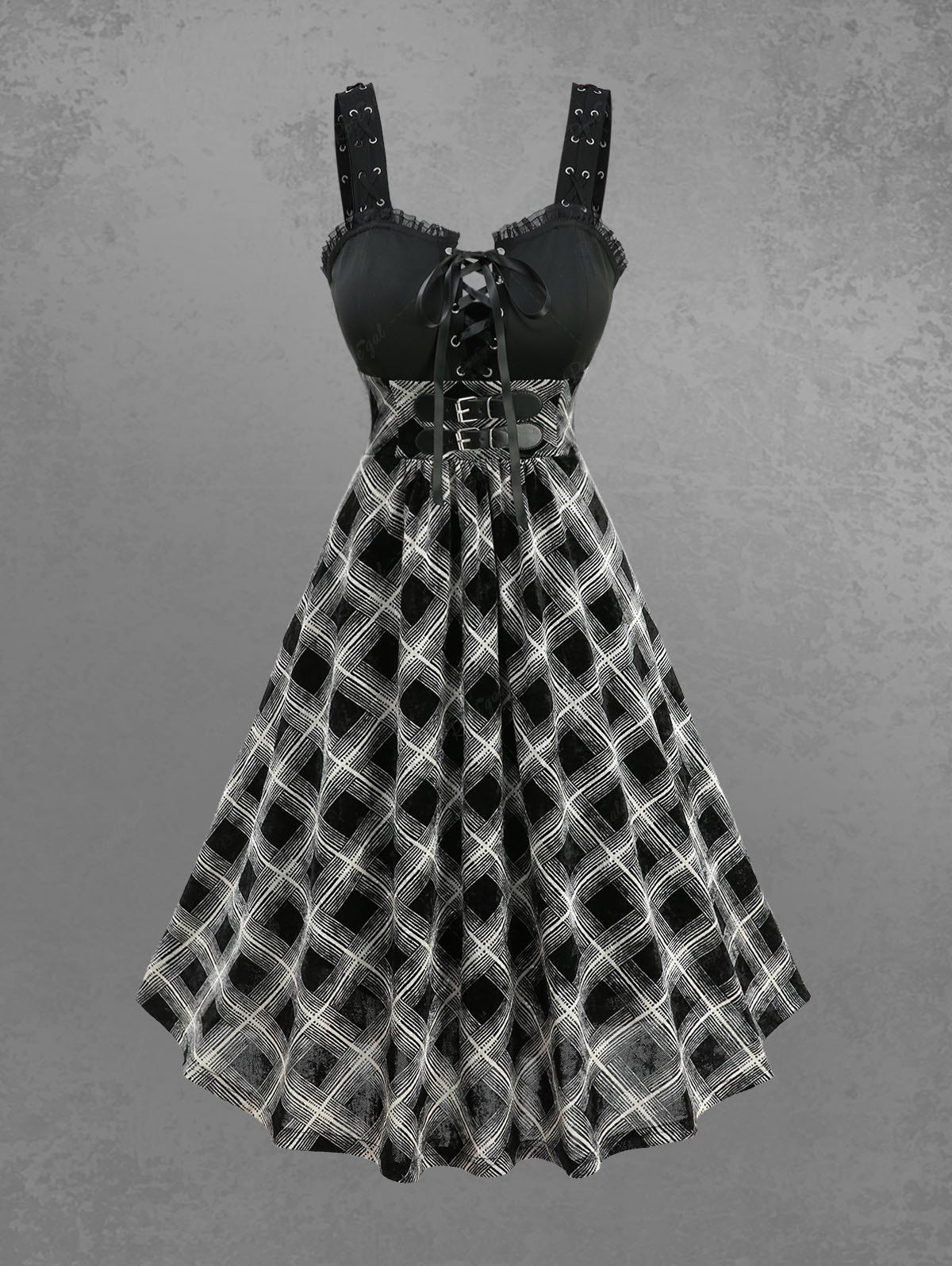 Plaid Printed Lace Up A Line Dress