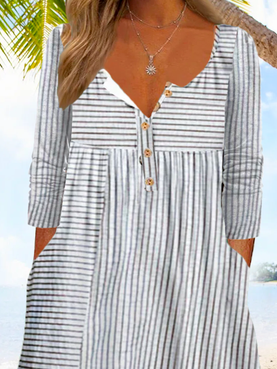 Gestreepte Casual Jurk met Half Open Kraag